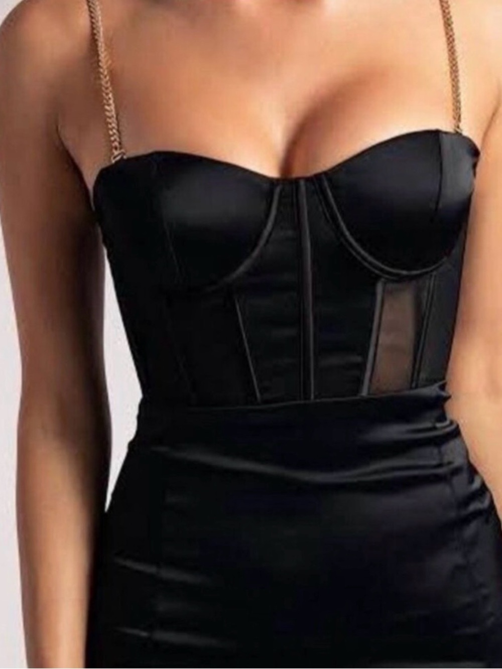 Meshki Black Satin Corset Midi Dress with Gold Chain Straps